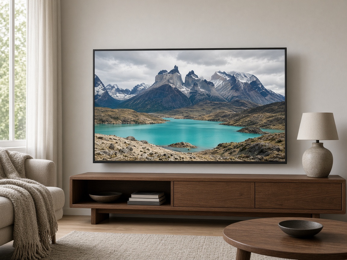 Televisor de marco fino sobre un mueble de madera, con un paisaje de lago en la pantalla.